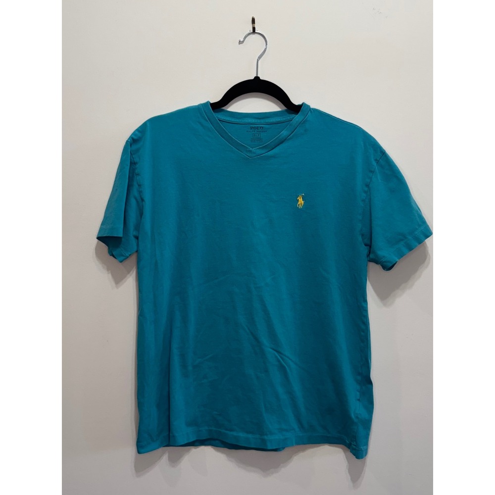 Polo Ralph Lauren Womens V-Neck T-Shirt Teal Blue Yellow Pony Logo Size Small